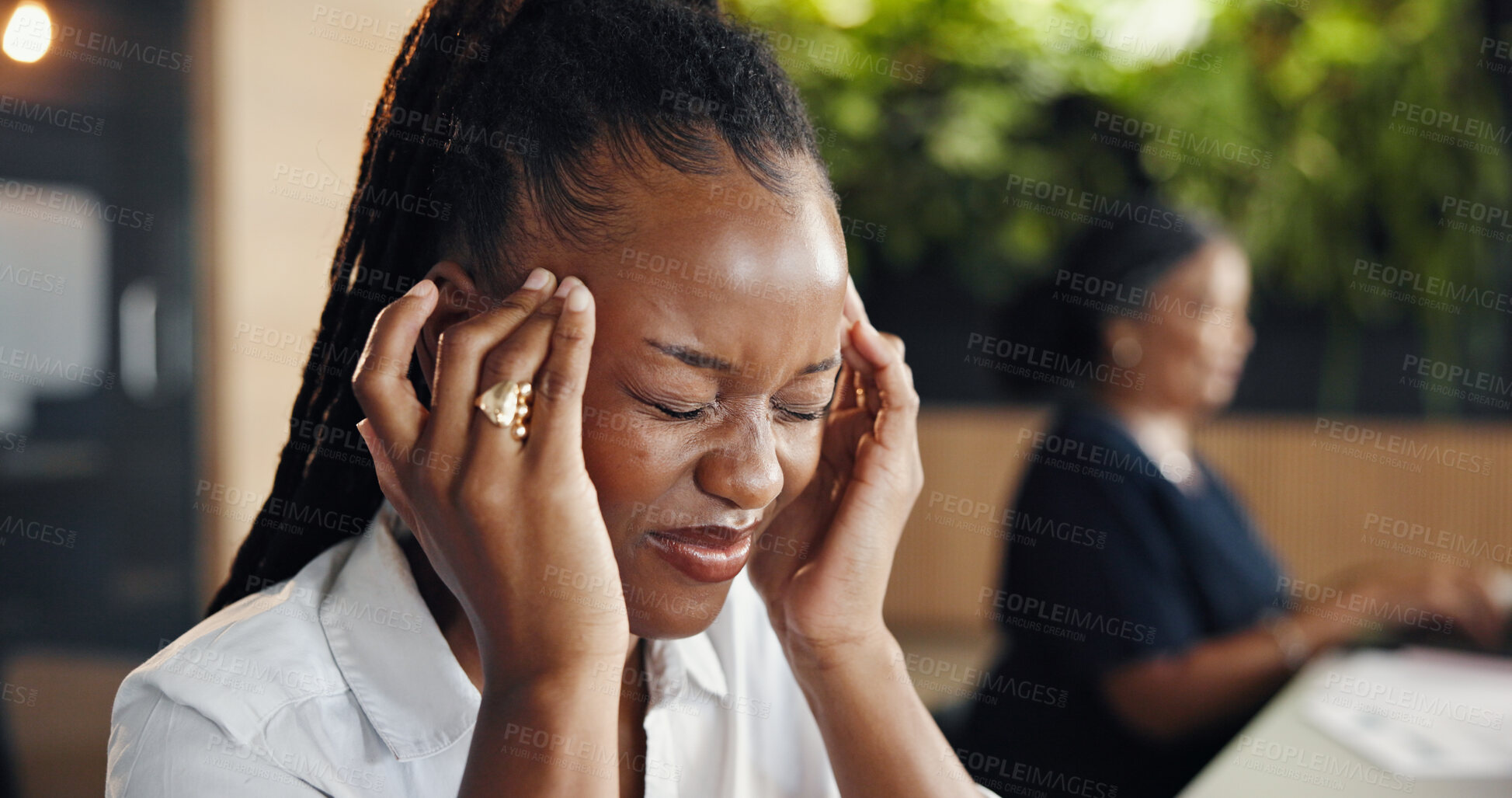 Buy stock photo Woman, headache and stress at startup, tension and exhausted with temple massage at media company. Person, journalist and coworking with migraine, chronic pain or burnout with job at creative agency