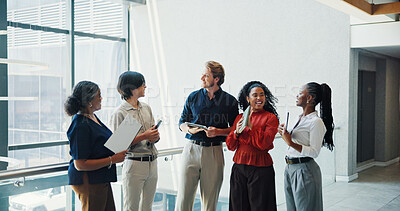 Buy stock photo People, celebration and excited for announcement at startup, lobby and applause at media company. Group, team and happy with success, motivation and meeting for deal with project at creative agency