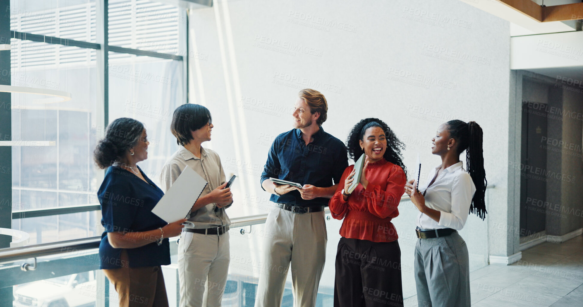 Buy stock photo People, celebration and excited for announcement at startup, lobby and applause at media company. Group, team and happy with success, motivation and meeting for deal with project at creative agency