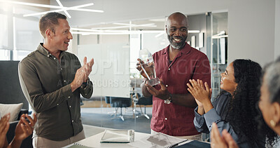 Buy stock photo Prize, applause and business people on laptop with success for project, article and teamwork. Publishing agency, coworking office and men with women celebrate award, review and editing proposal