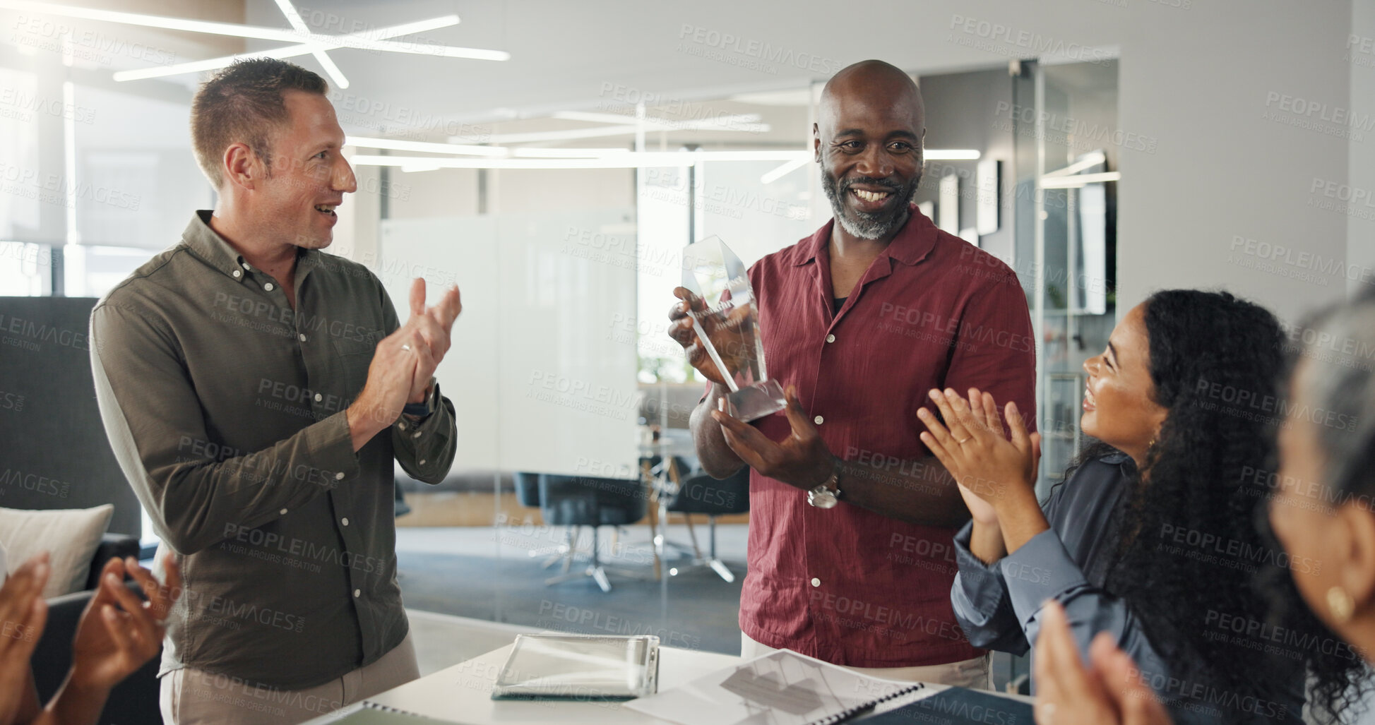 Buy stock photo Prize, applause and business people on laptop with success for project, article and teamwork. Publishing agency, coworking office and men with women celebrate award, review and editing proposal