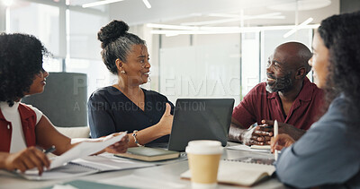 Buy stock photo Collaboration, smile and business people on laptop with proposal for project, article and teamwork. Publishing agency, coworking office and man with women for submission, review or editing feedback