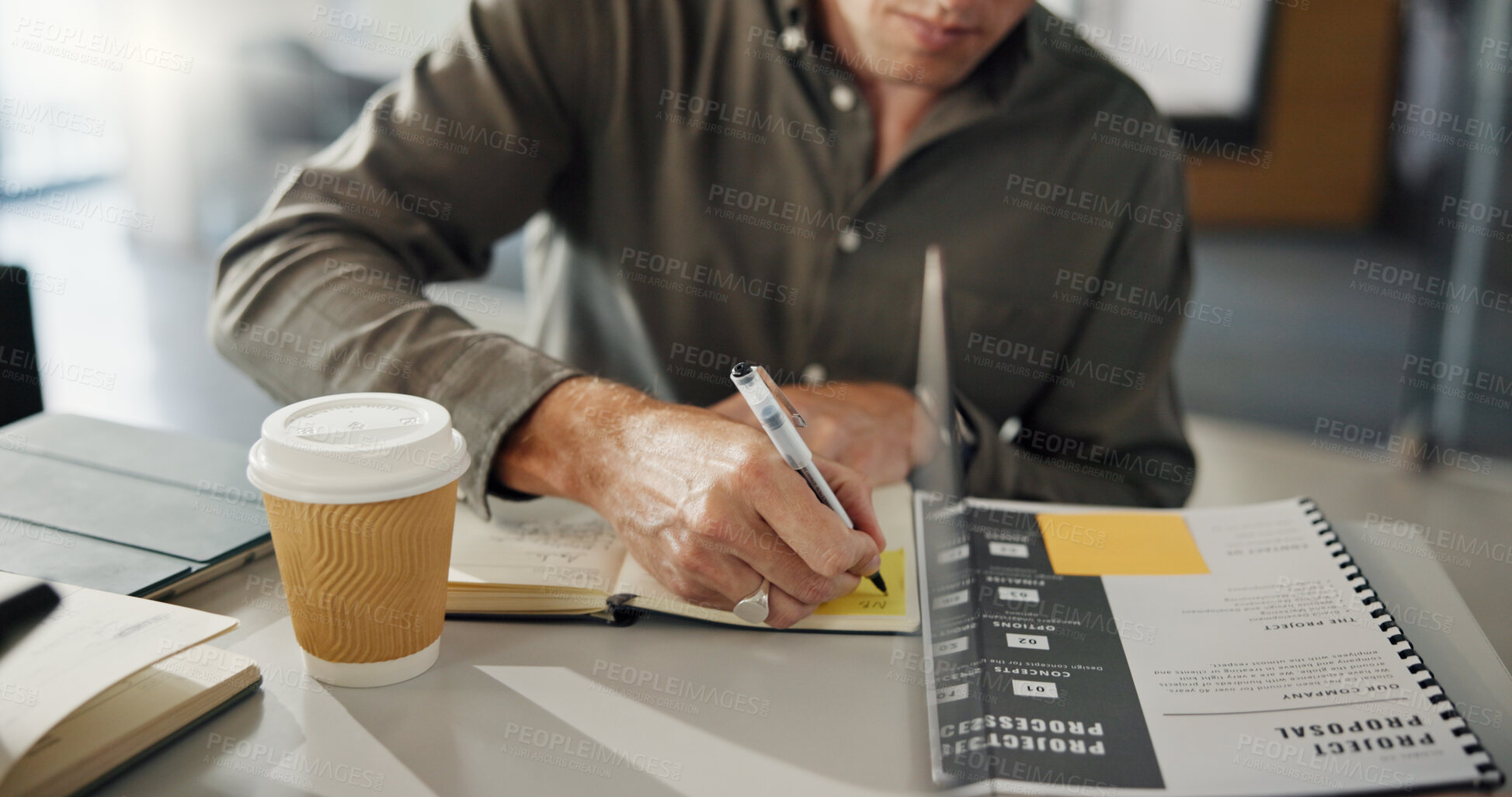 Buy stock photo Writing, document or hands in office with notebook, calendar plan or brainstorming for company pitch. Ideas, notes or man with inspiration, schedule update or insight for business proposal.
