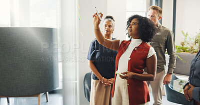 Buy stock photo Business, people and meeting with notes on glass for training, planning session and story ideas. Woman, briefing and coaching with team, copywriting schedule and editor feedback for news publication 