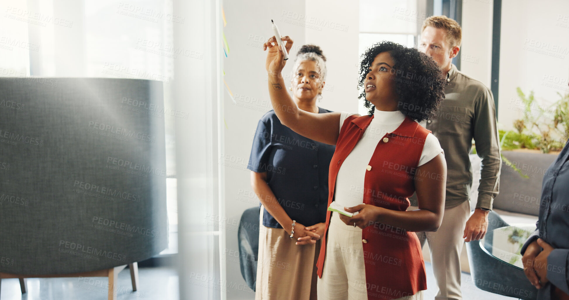 Buy stock photo Business, people and meeting with notes on glass for training, planning session and story ideas. Woman, briefing and coaching with team, copywriting schedule and editor feedback for news publication 