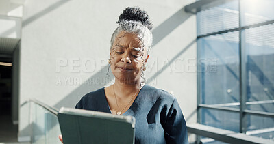 Buy stock photo Confused, woman and reading in office with tablet, administration error or wrong HR report for payroll. Mature person, human resources employee and doubt with tech, email review or timesheet mistake.