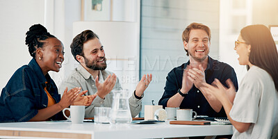 Buy stock photo Applause, meeting and business people in office with collaboration for finance report with budget. Happy, clapping hands and team of financial advisors with achievement on investment in workplace.