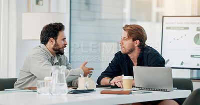 Buy stock photo Office, teamwork and men in meeting, talking and planning for ad campaign, idea and brand awareness. Advertising agency, colleagues and discussion for digital marketing, collaboration or productivity