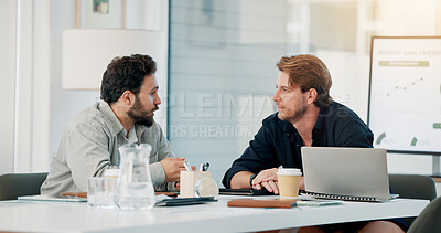 Buy stock photo Creative, teamwork and men in meeting, talking or planning for ad campaign, idea and brand awareness. Advertising, colleagues and discussion for digital marketing, collaboration and productivity