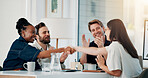 People, applause and handshake with client, office and collaboration for brand awareness and success. Marketing team, celebration and shaking hands with woman, agreement and clapping for achievement