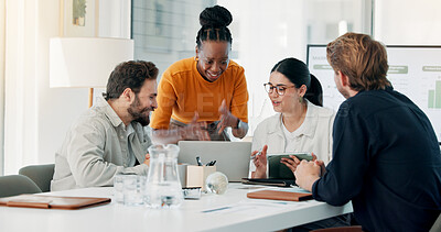Buy stock photo Meeting, laptop and team of business people in office for finance report with budget planning. Discussion, computer and financial advisors working on investment proposal together in workplace.