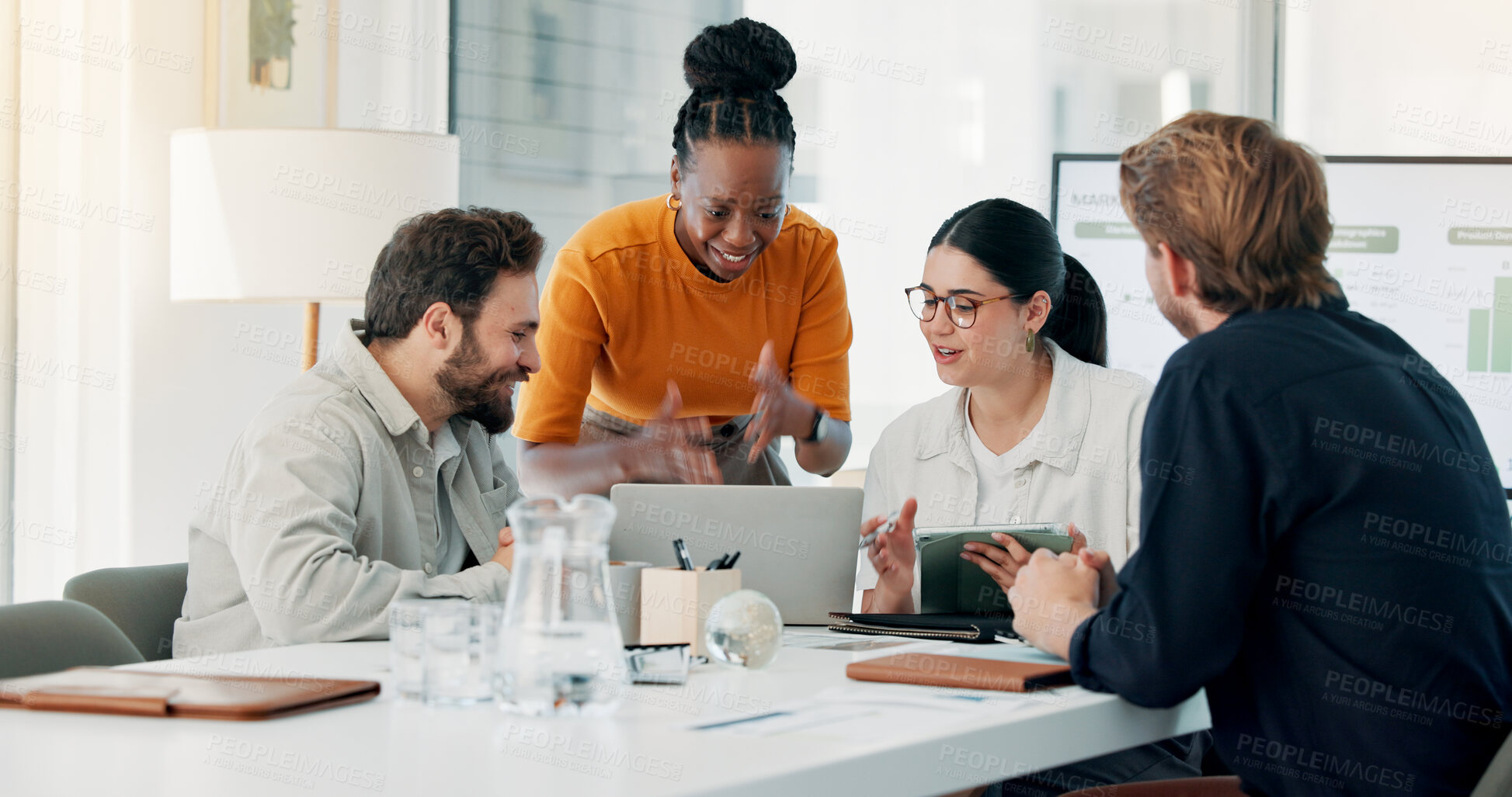 Buy stock photo Meeting, laptop and team of business people in office for finance report with budget planning. Discussion, computer and financial advisors working on investment proposal together in workplace.