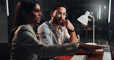 Buy stock photo Computer, discussion and business people in office at night for finance report with deadline. Collaboration, overtime and financial advisors on technology with investment proposal for global client.
