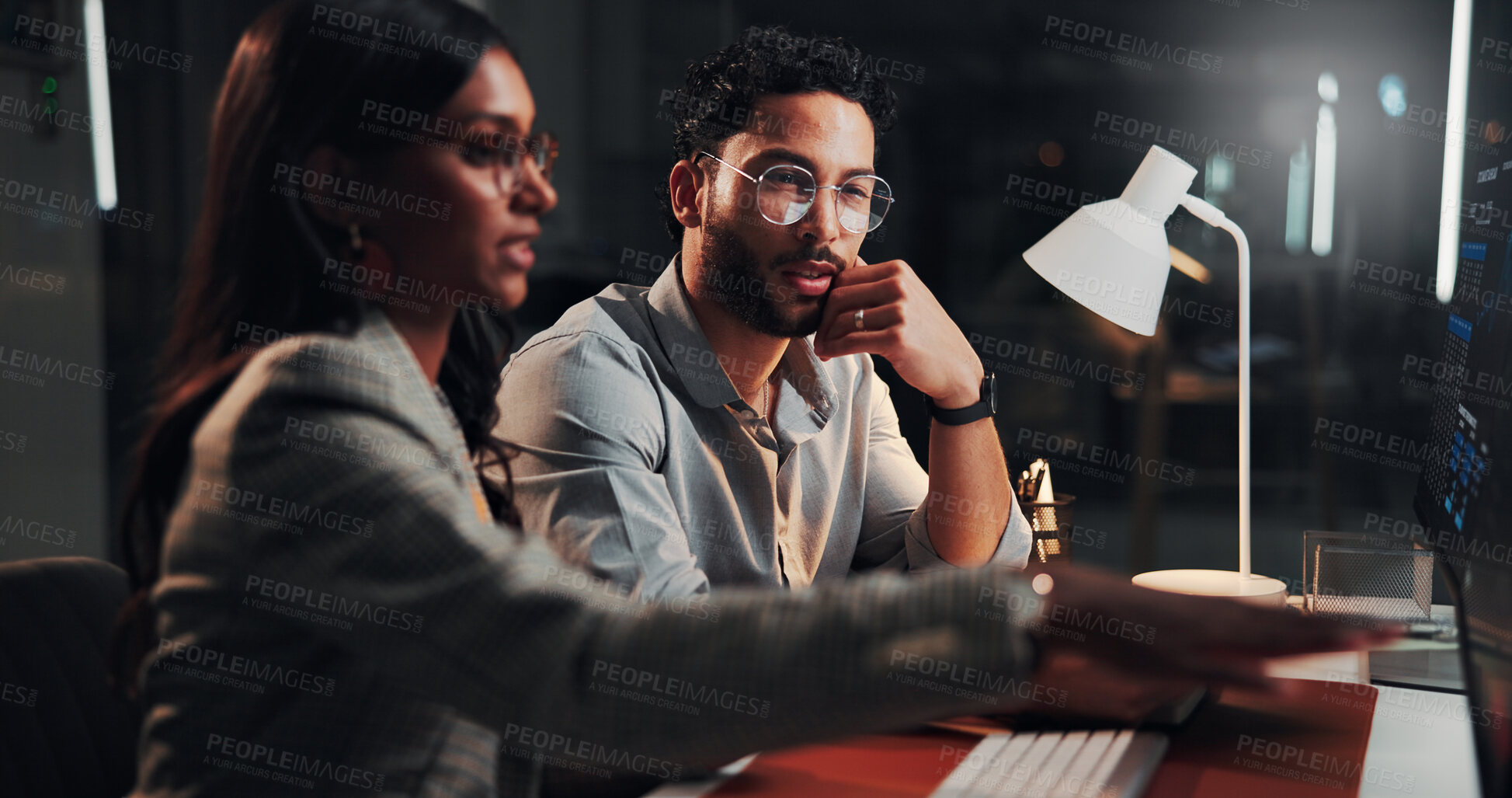 Buy stock photo Computer, discussion and business people in office at night for finance report with deadline. Collaboration, overtime and financial advisors on technology with investment proposal for global client.