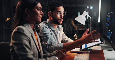 Buy stock photo Computer, meeting and business people in office at night for finance report with deadline. Collaboration, overtime and financial advisors on technology with investment proposal for global client.