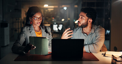 Buy stock photo Tech, discussion and business people in office at night with creative project in collaboration. Feedback, laptop and manager with magazine editors for advice, publishing deadline or article on tablet