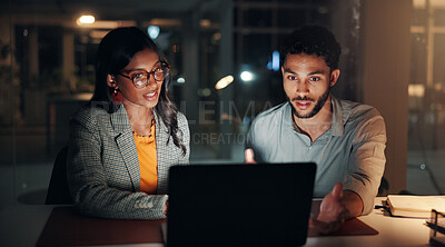 Buy stock photo Laptop, conversation and business people in office at night with creative project in collaboration. Feedback, tech and manager with magazine editors for advice, publishing deadline and article