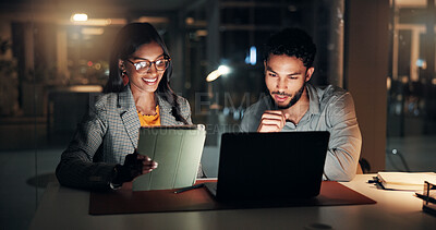 Buy stock photo Tech, research and business people in office at night with creative project in collaboration. Feedback, laptop and manager with magazine editors for advice, publishing deadline or article on tablet