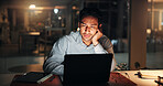 Man, reading and laptop at night in office with review, work article and deadline. Creative person, overtime and computer for research, feedback and thinking for draft task in publishing company