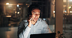 Man, stress and phone call at night with startup, idea and laptop for contact or talk at media company. Person, editor or writer with smartphone, insight or burnout on overtime at creative agency