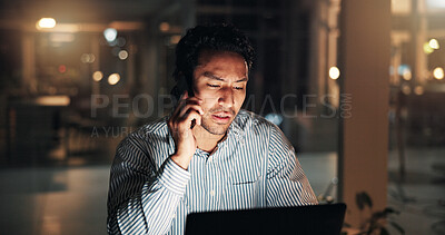 Buy stock photo Man, stress and phone call at night with startup, idea and laptop for contact or talk at media company. Person, editor or writer with smartphone, insight or burnout on overtime at creative agency