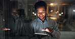 Tablet, email and businessman in office at night with finance report for budget planning deadline. Digital technology, overtime and financial manager with feedback on investment deal in workplace.