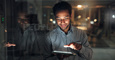 Buy stock photo Tablet, email and businessman in office at night with finance report for budget planning deadline. Digital technology, overtime and financial manager with feedback on investment deal in workplace.