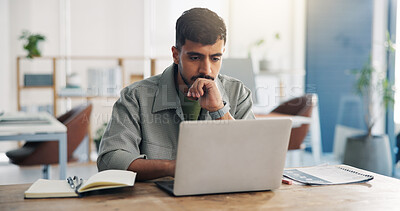 Buy stock photo Business, thinking and man in office, laptop and research for news report, column and connection. Creative agency, journalist or person in workplace, pc or email for submission or proposal checklist