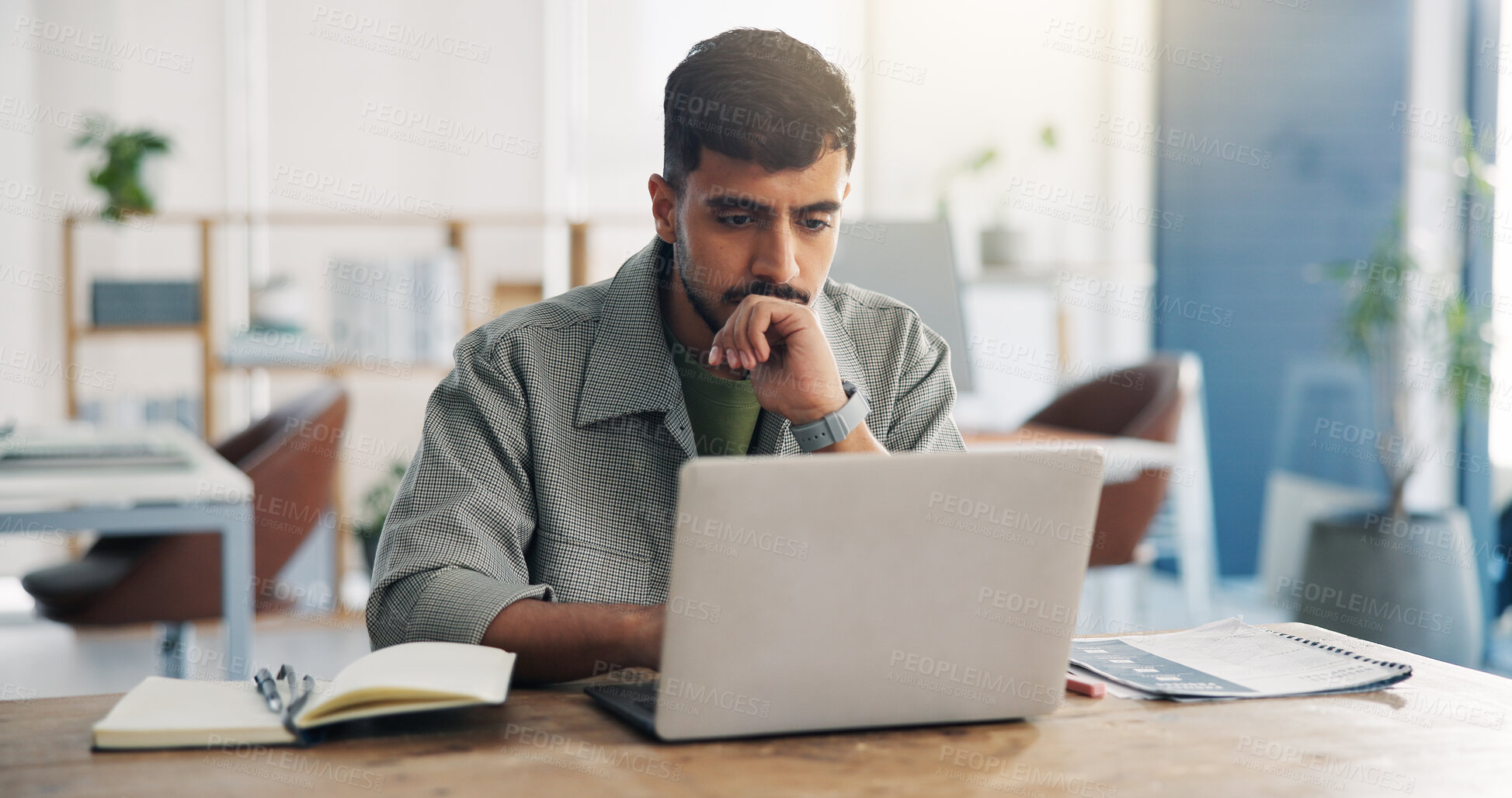 Buy stock photo Business, thinking and man in office, laptop and research for news report, column and connection. Creative agency, journalist or person in workplace, pc or email for submission or proposal checklist