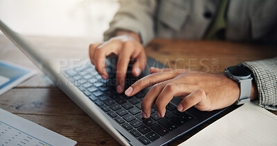 Buy stock photo Typing, laptop and search with hands of business person for event planning, venue research and email. Project organizer, campaign administration and online proposal with employee in agency for review