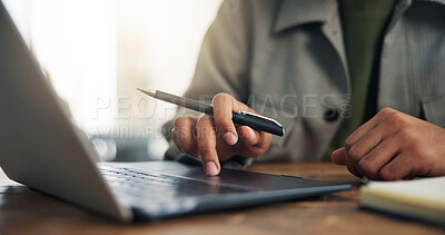 Buy stock photo Research, laptop and hands of business person in office for event planning, venue consultant and email. Project organizer, campaign administration and online proposal with employee in agency