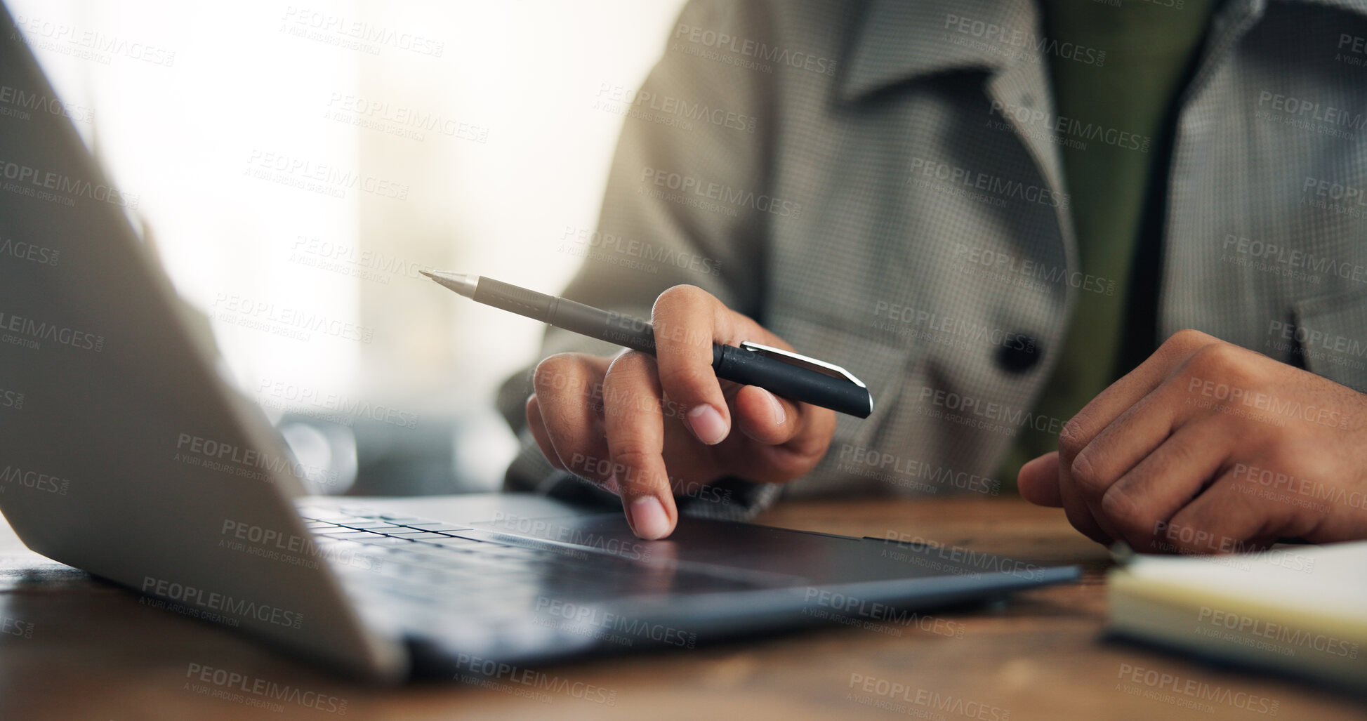 Buy stock photo Research, laptop and hands of business person in office for event planning, venue consultant and email. Project organizer, campaign administration and online proposal with employee in agency