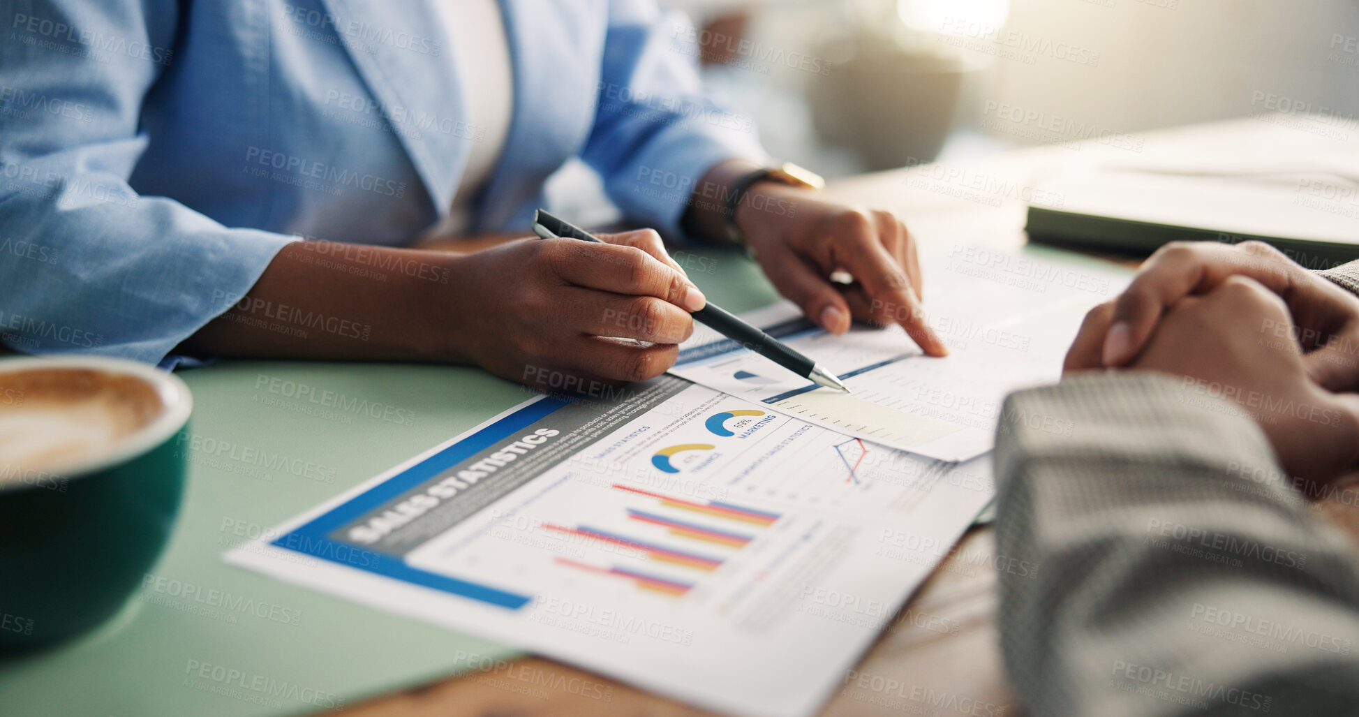 Buy stock photo Paperwork, discussion and hands of business people in office with finance graphs, statistics or charts. Meeting, documents and financial manager with client for investment information in workplace.