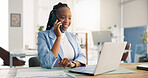 Laptop, phone call and black woman in office with contact for finance deal with review. Computer, cellphone and African financial advisor on mobile discussion for investment proposal with feedback.