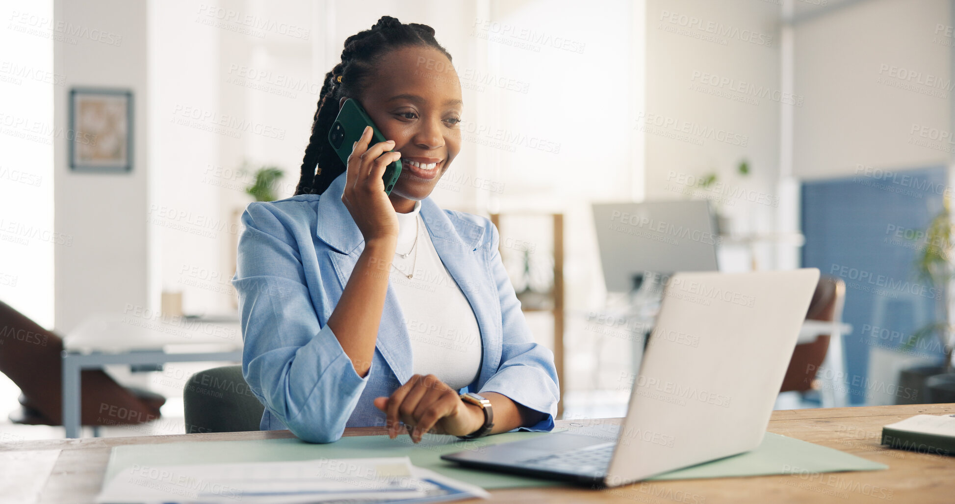 Buy stock photo Laptop, phone call and black woman in office with contact for finance deal with review. Computer, cellphone and African financial advisor on mobile discussion for investment proposal with feedback.