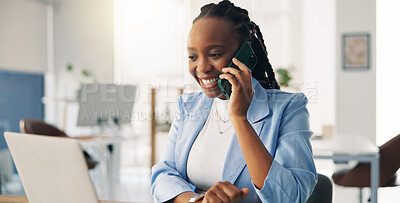 Buy stock photo Laptop, phone call and black woman in office with communication for finance deal with review. Computer, cellphone and African financial advisor on mobile discussion for investment with feedback.