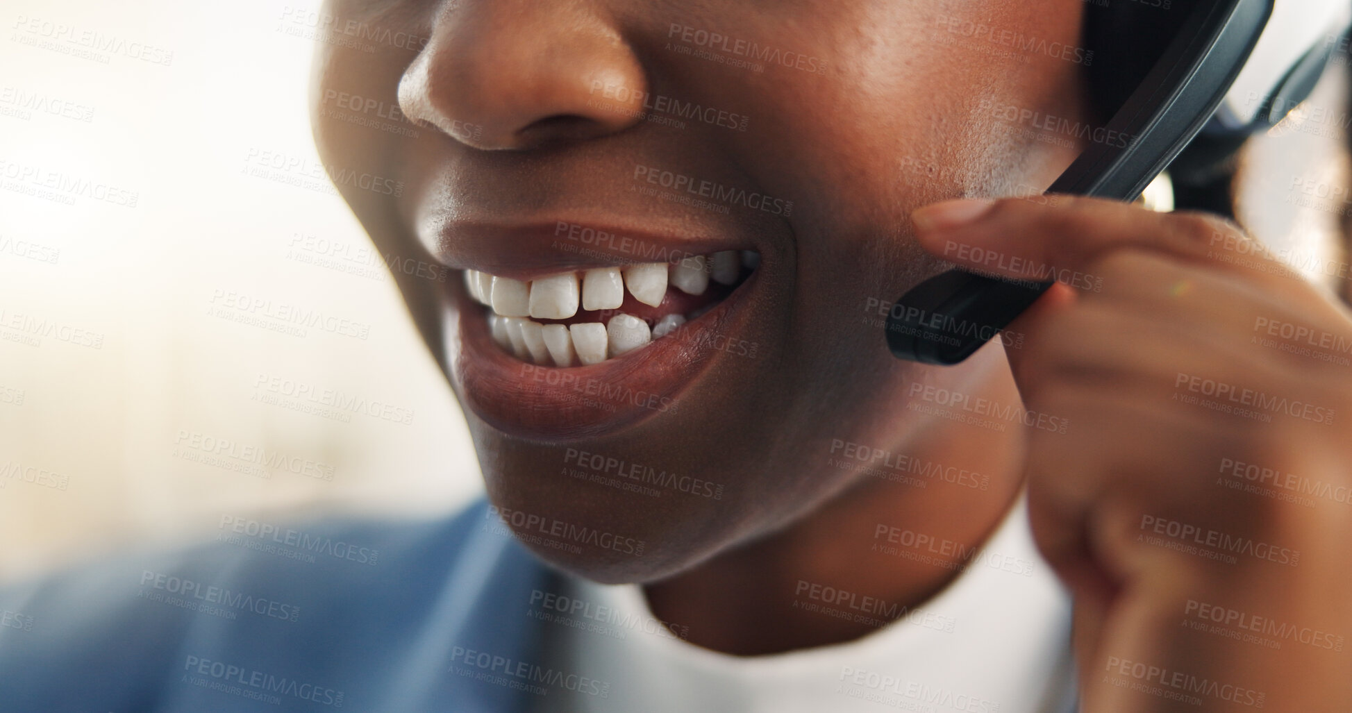 Buy stock photo Happy, black woman and mouth with headset in call center for customer service or online advice. Female person, friendly agent or consultant with mic for virtual assistance, help or telemarketing