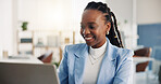 Business, black woman and reading with laptop in office for research, proofreading and copywriting report. Smile, person and pc for editor feedback, article submission and information for publication