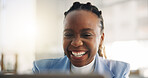 Happy, employee and woman with laptop, office and journalist with good news for article publication. Newsroom, reporter and black person with positive feedback for story, laughing and reading on web