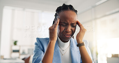 Buy stock photo Black woman, headache or business with stress for mistake, burnout or overworked pressure in office. Frustrated, female person or employee with migraine or pain for fatigue, mental health or strain