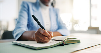 Buy stock photo Writing, ideas and hand with notebook, office and planning for ad campaign, creative or productivity. Business, copywriter and person with journal for research, project and notes for article on desk