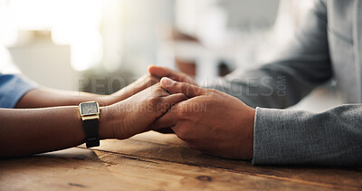 Buy stock photo Holding hands, couple and support in home with bonding, trust and communication in relationship. People, partner and connection with loyalty, security and love with care, relax or affection in house