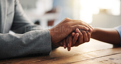 Buy stock photo Holding hands, support and people with empathy, comfort and compassion for healing. Closeup, care and sympathy with connection, hope and process for loss, grief and trust to connect or help in crisis