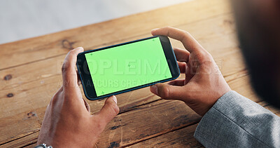 Buy stock photo Hands, green screen and business man with cellphone, internet and digital app for online game. Smartphone, person or employee with network, connection and mockup space with social media or texting