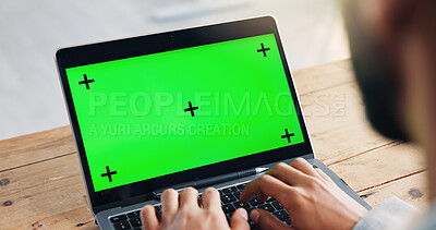 Buy stock photo Hands, green screen and man with laptop, internet and website info for financial report. Pc, person and investor with mockup space, typing and research for company audit and email for investment deal