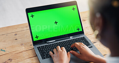 Buy stock photo Hands, green screen and woman with laptop, typing and website info for investment deal. Pc, person and investor in office, mockup space and research for company audit and email for trading portfolio