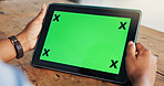 Green screen, office and hands of person on tablet for business website, notification and news. Chromakey, mockup space and worker on digital tech for networking, connection and research on internet