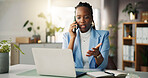 Computer, phone call and black woman in office with contact for finance deal with review. Laptop, cellphone and African financial advisor on mobile discussion for investment proposal with feedback.