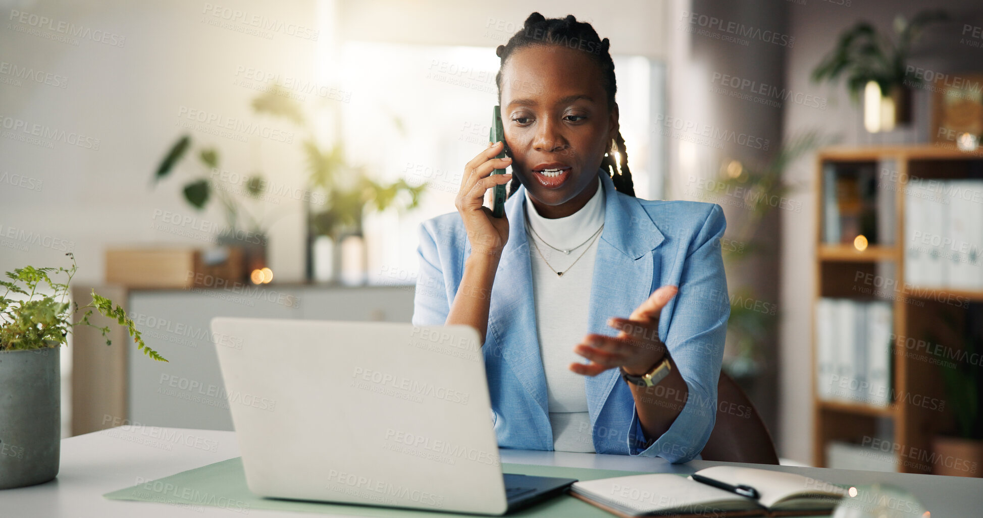 Buy stock photo Computer, phone call and black woman in office with contact for finance deal with review. Laptop, cellphone and African financial advisor on mobile discussion for investment proposal with feedback.