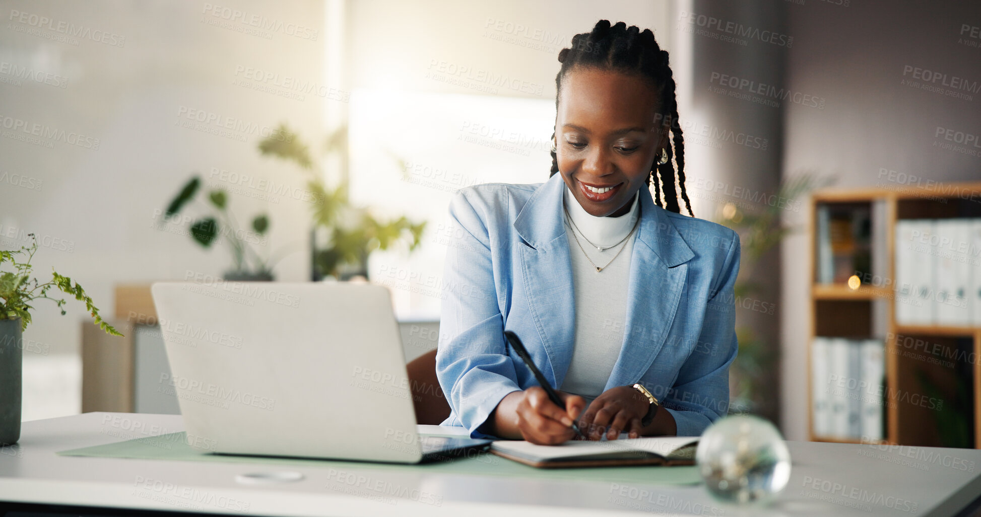 Buy stock photo Creative, writing and woman with notebook, office and planning for ad campaign, project and schedule. Business, copywriter and black person with journal for research, happy and ideas for article